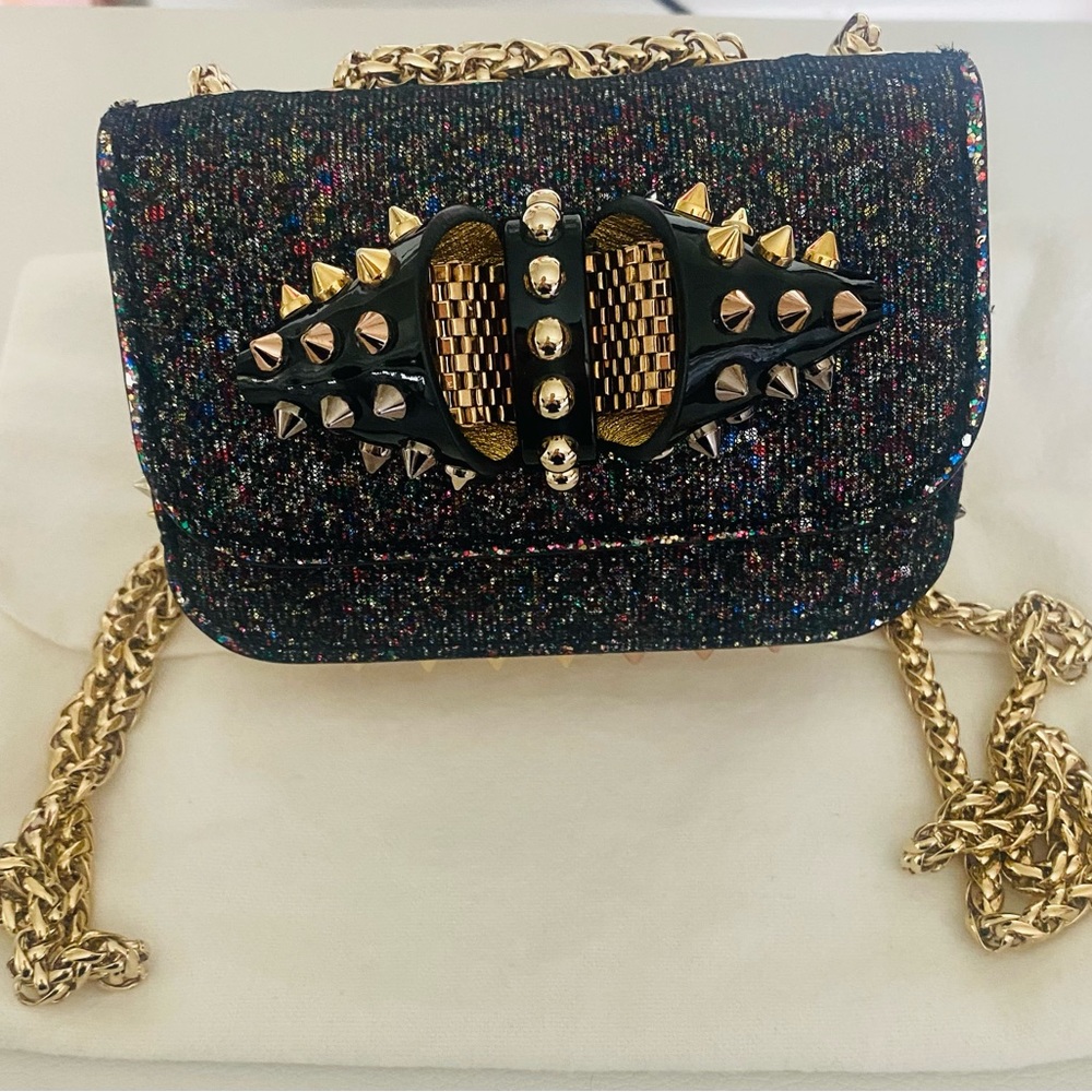 Christian Louboutin Multicolor Tweed Spike-Embellished Crossbody with Gold Chain - Picture 2 of 5